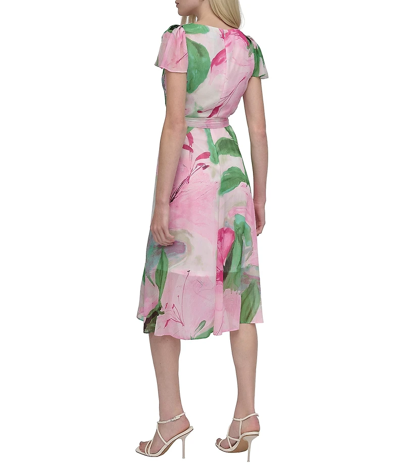 DKNY By Donna Karan Woven Floral Print V Neck Short Flutter Sleeve Wrap Dress