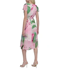 DKNY By Donna Karan Woven Floral Print V Neck Short Flutter Sleeve Wrap Dress