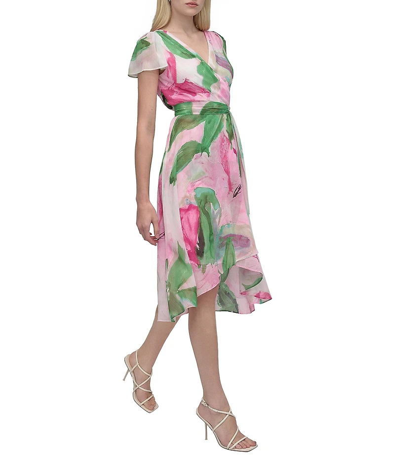 DKNY By Donna Karan Woven Floral Print V Neck Short Flutter Sleeve Wrap Dress