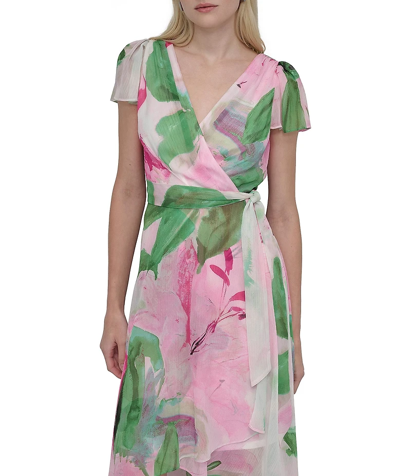 DKNY By Donna Karan Woven Floral Print V Neck Short Flutter Sleeve Wrap Dress