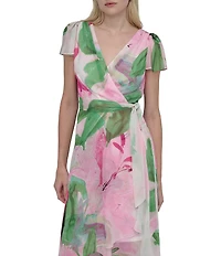 DKNY By Donna Karan Woven Floral Print V Neck Short Flutter Sleeve Wrap Dress