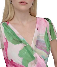 DKNY By Donna Karan Woven Floral Print V Neck Short Flutter Sleeve Wrap Dress