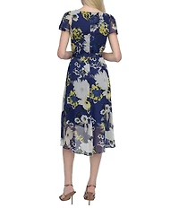 DKNY by Donna Karan Woven Floral Print V Neck Short Sleeve Faux Wrap Fit and Flare Dress