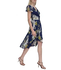 DKNY by Donna Karan Woven Floral Print V Neck Short Sleeve Faux Wrap Fit and Flare Dress