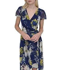 DKNY by Donna Karan Woven Floral Print V Neck Short Sleeve Faux Wrap Fit and Flare Dress