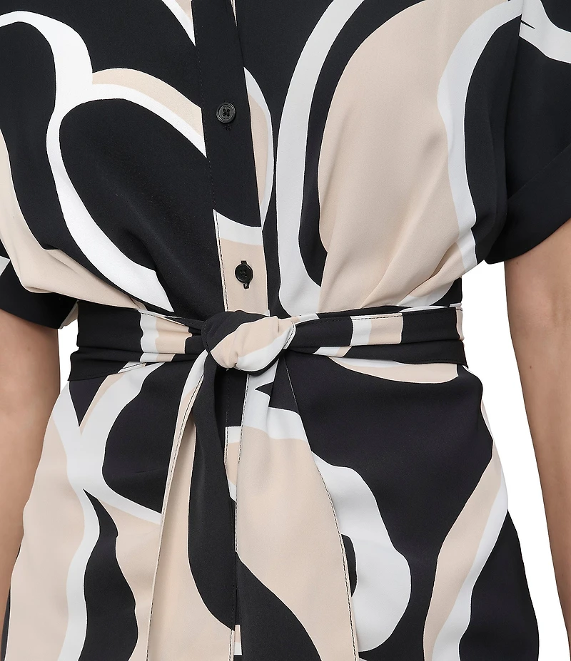 DKNY by Donna Karan Woven Geometrical Print Point Collar Neck Short Sleeve Button Front Waist Tie Shirt Midi Dress