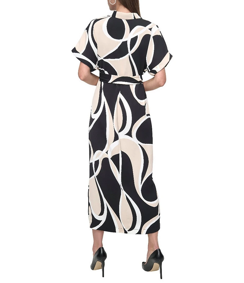 DKNY by Donna Karan Woven Geometrical Print Point Collar Neck Short Sleeve Button Front Waist Tie Shirt Midi Dress