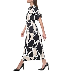 DKNY by Donna Karan Woven Geometrical Print Point Collar Neck Short Sleeve Button Front Waist Tie Shirt Midi Dress