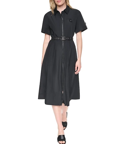 DKNY by Donna Karan Woven Memory Taffeta Point Collar Short Sleeve Zip Front Shirt Dress