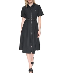 DKNY by Donna Karan Woven Memory Taffeta Point Collar Short Sleeve Zip Front Shirt Dress