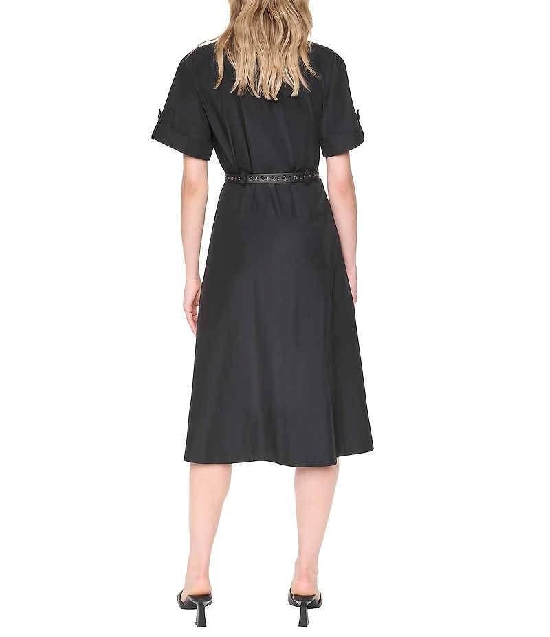 DKNY by Donna Karan Woven Memory Taffeta Point Collar Short Sleeve Zip Front Shirt Dress
