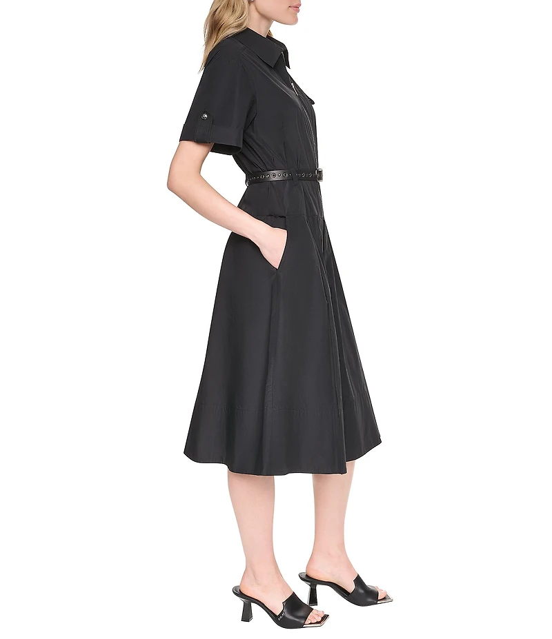 DKNY by Donna Karan Woven Memory Taffeta Point Collar Short Sleeve Zip Front Shirt Dress