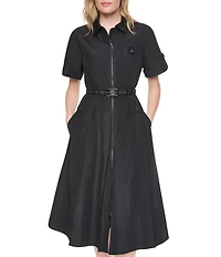 DKNY by Donna Karan Woven Memory Taffeta Point Collar Short Sleeve Zip Front Shirt Dress