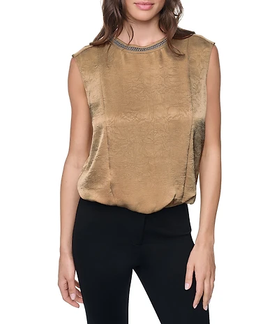 DKNY by Donna Karan Woven Mesh Chain Crew Neck Sleeveless Slight Crease Top