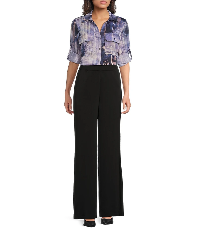 DKNY by Donna Karan Woven Point Collar Long Roll-Tab Sleeve Button Front Blouse