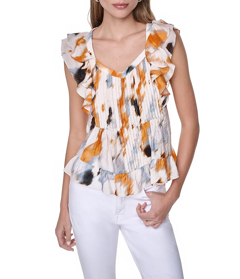 DKNY by Donna Karan Woven Printed V-Neck Cap Flutter Sleeve Blouse