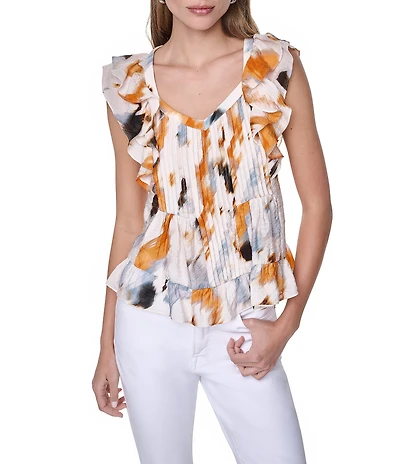 DKNY by Donna Karan Woven Printed V-Neck Cap Flutter Sleeve Blouse