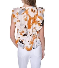 DKNY by Donna Karan Woven Printed V-Neck Cap Flutter Sleeve Blouse