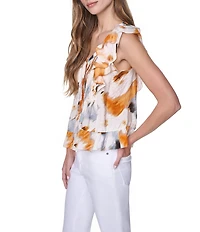 DKNY by Donna Karan Woven Printed V-Neck Cap Flutter Sleeve Blouse