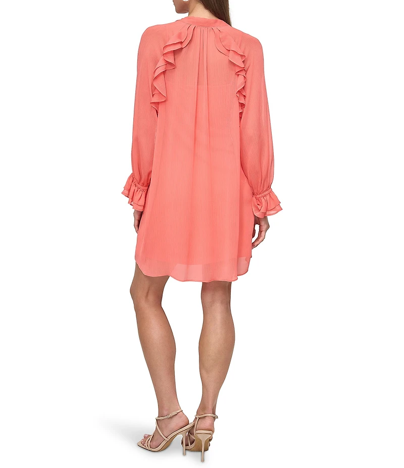 DKNY by Donna Karan Woven V Neck Long Sleeve Ruffle Shift Mini Dress