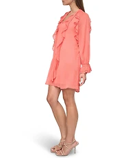 DKNY by Donna Karan Woven V Neck Long Sleeve Ruffle Shift Mini Dress