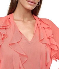 DKNY by Donna Karan Woven V Neck Long Sleeve Ruffle Shift Mini Dress