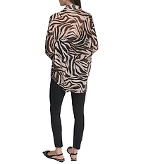DKNY by Donna Karan Zebra Print Crinkle Chiffon Long Sleeve Collared Button Front Blouse
