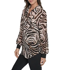 DKNY by Donna Karan Zebra Print Crinkle Chiffon Long Sleeve Collared Button Front Blouse