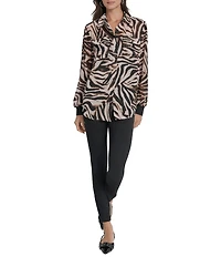 DKNY by Donna Karan Zebra Print Crinkle Chiffon Long Sleeve Collared Button Front Blouse