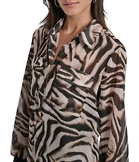 DKNY by Donna Karan Zebra Print Crinkle Chiffon Long Sleeve Collared Button Front Blouse