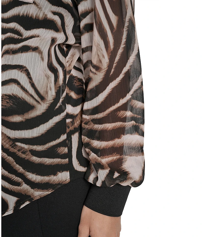 DKNY by Donna Karan Zebra Print Crinkle Chiffon Long Sleeve Collared Button Front Blouse