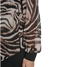 DKNY by Donna Karan Zebra Print Crinkle Chiffon Long Sleeve Collared Button Front Blouse