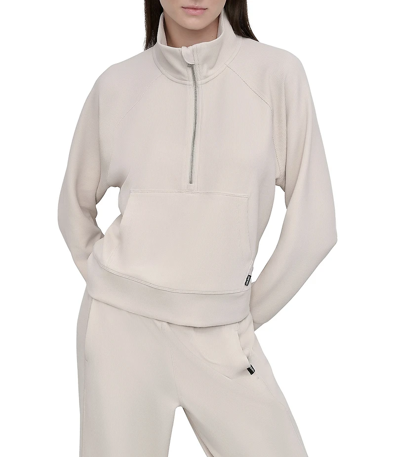 DKNY by Donna Karen Sport Highline Ribbed Mock Neck Half Zip Long Sleeve Kanga Pocket Pullover