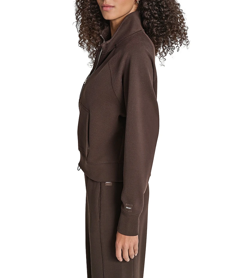 DKNY by Donna Karen Sport Highline Ribbed Mock Neck Half Zip Long Sleeve Kanga Pocket Pullover