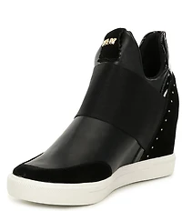 DKNY by Donna Karan Cailin Leather Studded Suede Logo Detail Wedge Sneakers