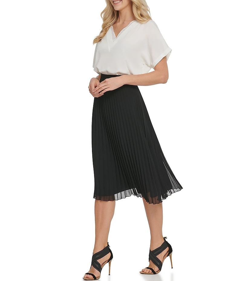 DKNY by Donna Karan Chiffon Pleated Pull-On A-Line Midi Skirt