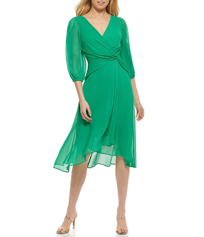 DKNY by Donna Karan Chiffon Surplice V-Neck 3/4 Balloon Sleeve Side Twist High-Low Midi Dress