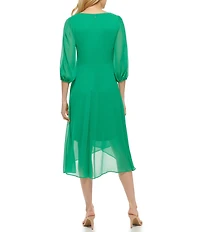 DKNY by Donna Karan Chiffon Surplice V-Neck 3/4 Balloon Sleeve Side Twist High-Low Midi Dress