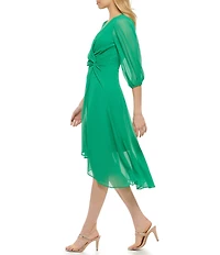 DKNY by Donna Karan Chiffon Surplice V-Neck 3/4 Balloon Sleeve Side Twist High-Low Midi Dress