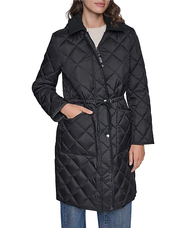 DKNY Diamond Quilted Point Collar Removable Hood Snap Front Trench Coat