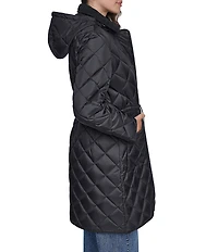 DKNY Diamond Quilted Point Collar Removable Hood Snap Front Trench Coat