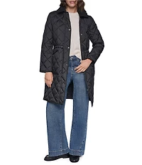 DKNY Diamond Quilted Point Collar Removable Hood Snap Front Trench Coat