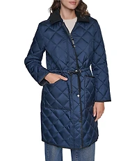 DKNY Diamond Quilted Point Collar Removable Hood Snap Front Trench Coat