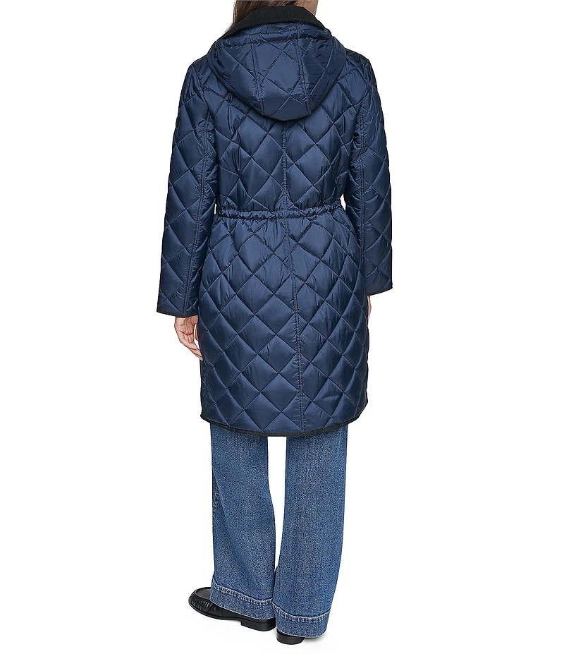 DKNY Diamond Quilted Point Collar Removable Hood Snap Front Trench Coat