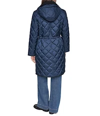 DKNY Diamond Quilted Point Collar Removable Hood Snap Front Trench Coat