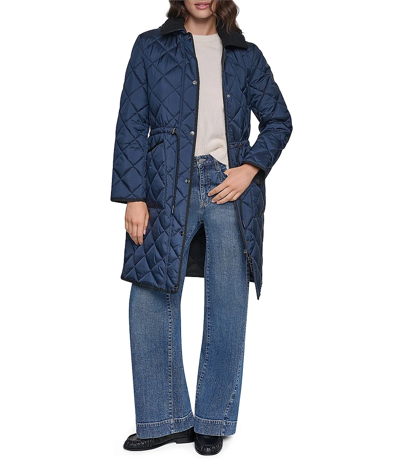 DKNY Diamond Quilted Point Collar Removable Hood Snap Front Trench Coat