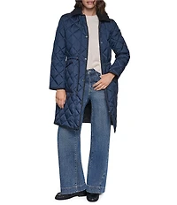DKNY Diamond Quilted Point Collar Removable Hood Snap Front Trench Coat