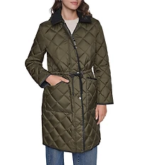 DKNY Diamond Quilted Point Collar Removable Hood Snap Front Trench Coat