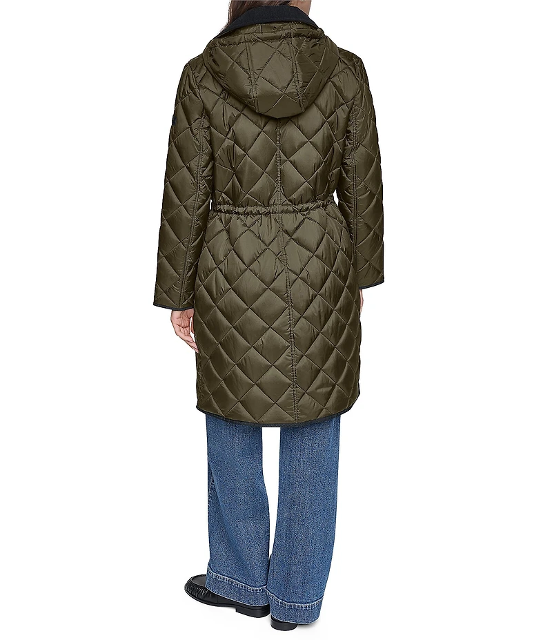 DKNY Diamond Quilted Point Collar Removable Hood Snap Front Trench Coat