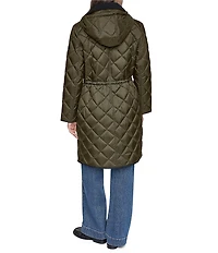 DKNY Diamond Quilted Point Collar Removable Hood Snap Front Trench Coat